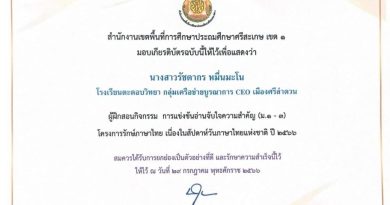 เกียรติบัตรนักเรียนร่วมกิจกรรมการแข่งขันโครงการรักษ์ภาษาไทย เนื่องในสัปดาห์วันภาษาไทยแห่งชาติ ปี 2566 ของ สพป.ศรีสะเกษ เขต 1